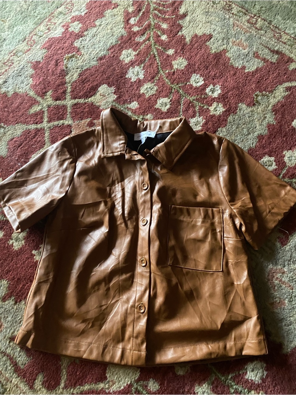 Lost + Wander Brown Faux-Leather Short Sleeve Button-Down Shirt